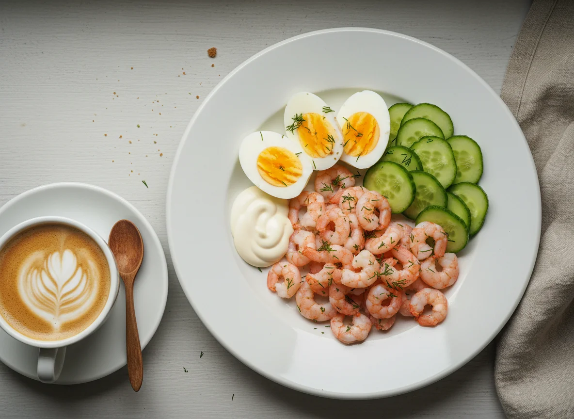 Завтрак с креветками, яйцами и огурцами photo