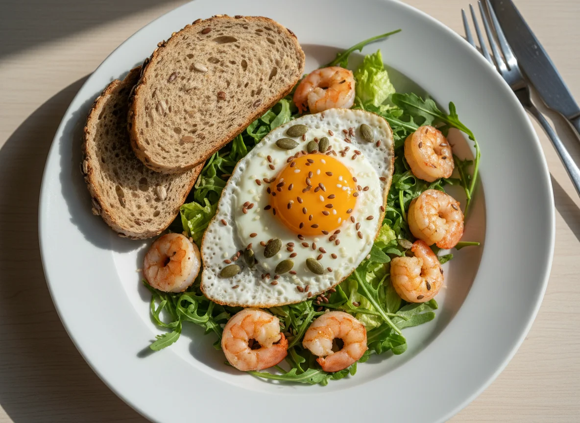Завтрак с креветками, яйцами и салатом photo