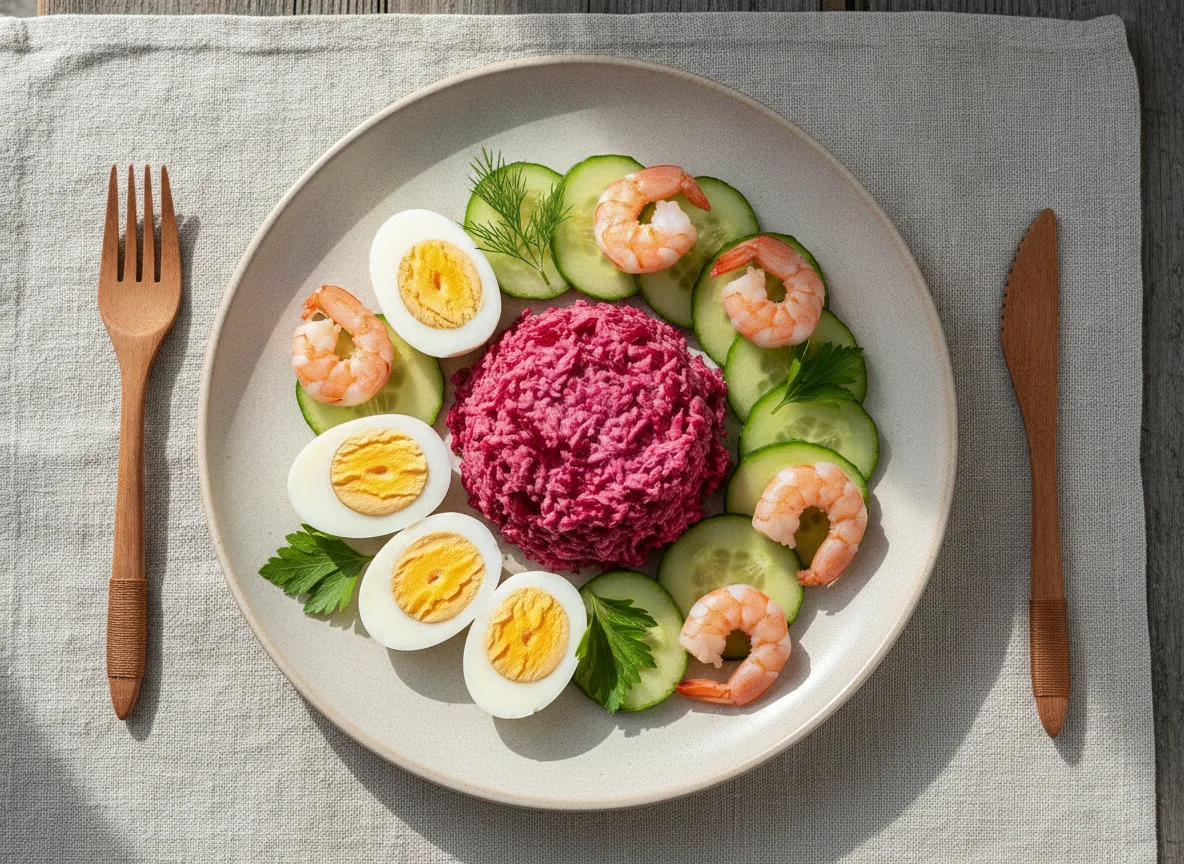 Завтрак с креветками, яйцом и овощами photo
