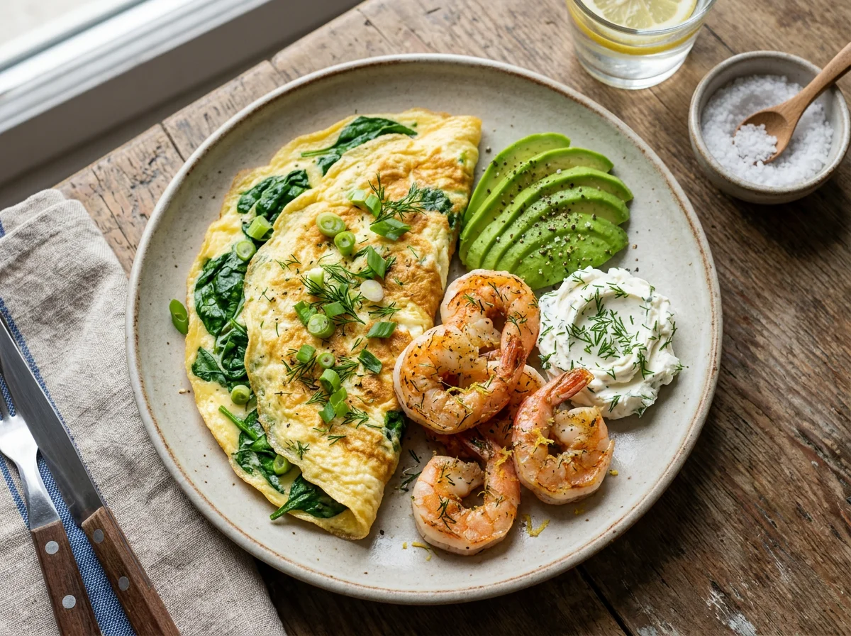 Завтрак с креветками и омлетом photo