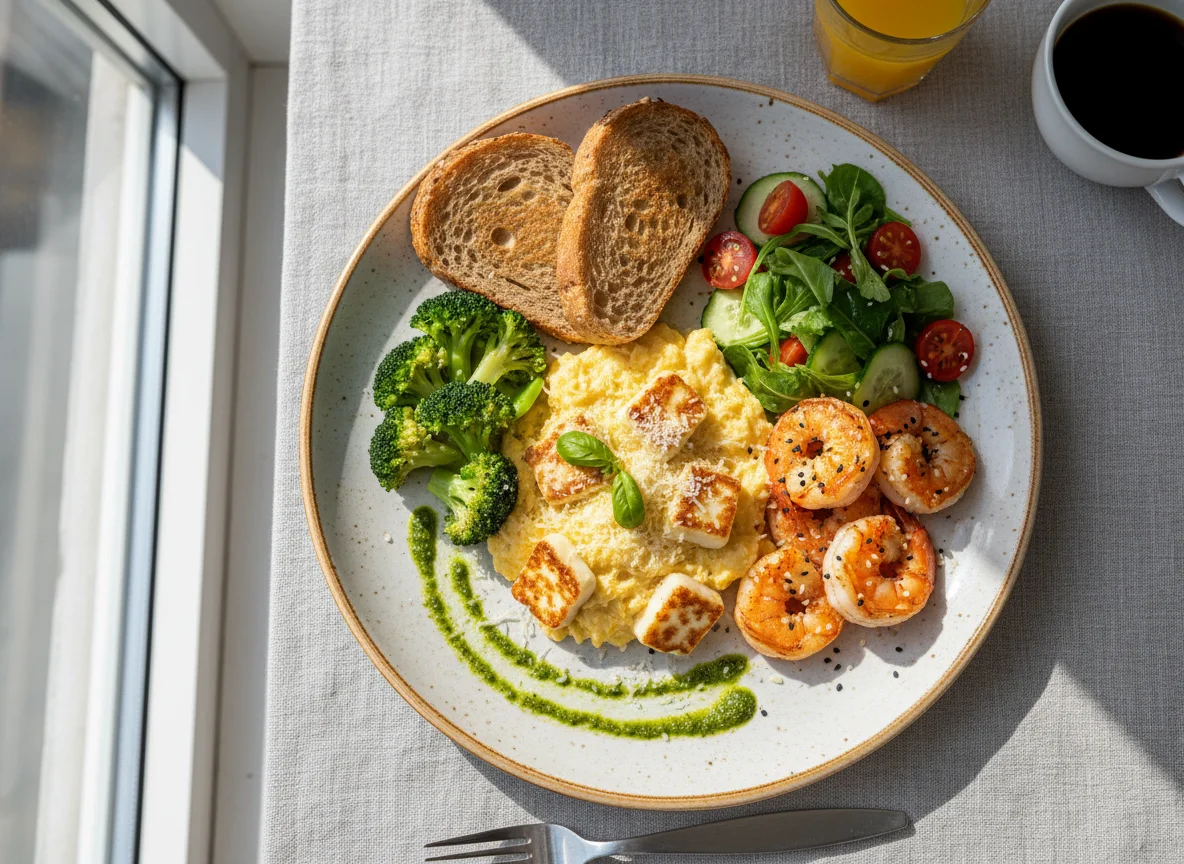 Завтрак с креветками и скрэмблом photo