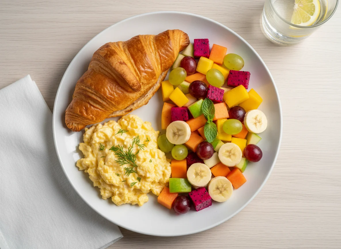 Завтрак с круассаном, яичницей и фруктовым салатом photo