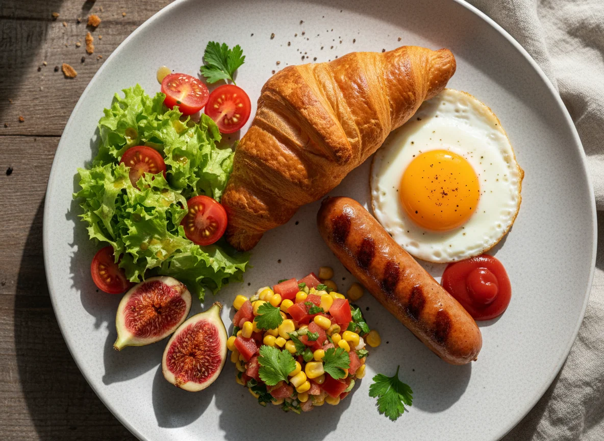 Завтрак с круассаном, яйцом и колбасой photo