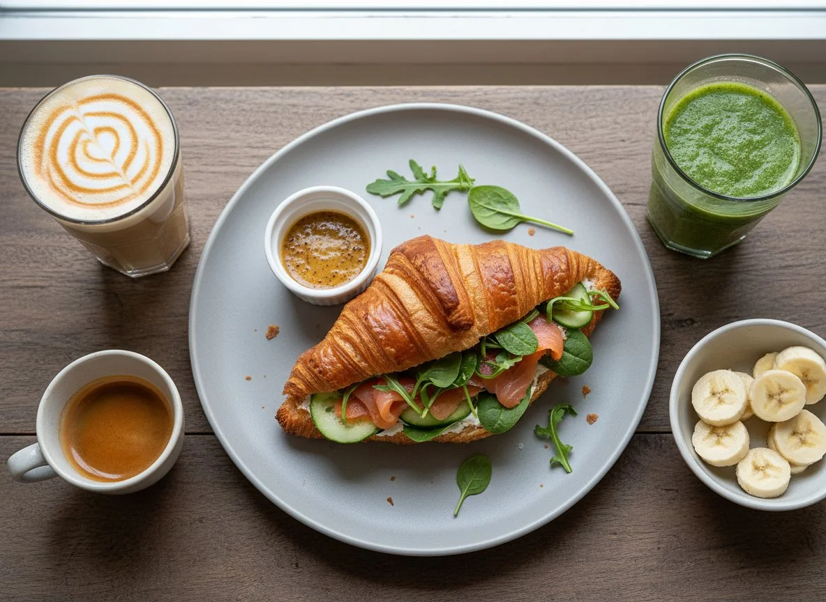 Завтрак с круассаном и напитками photo