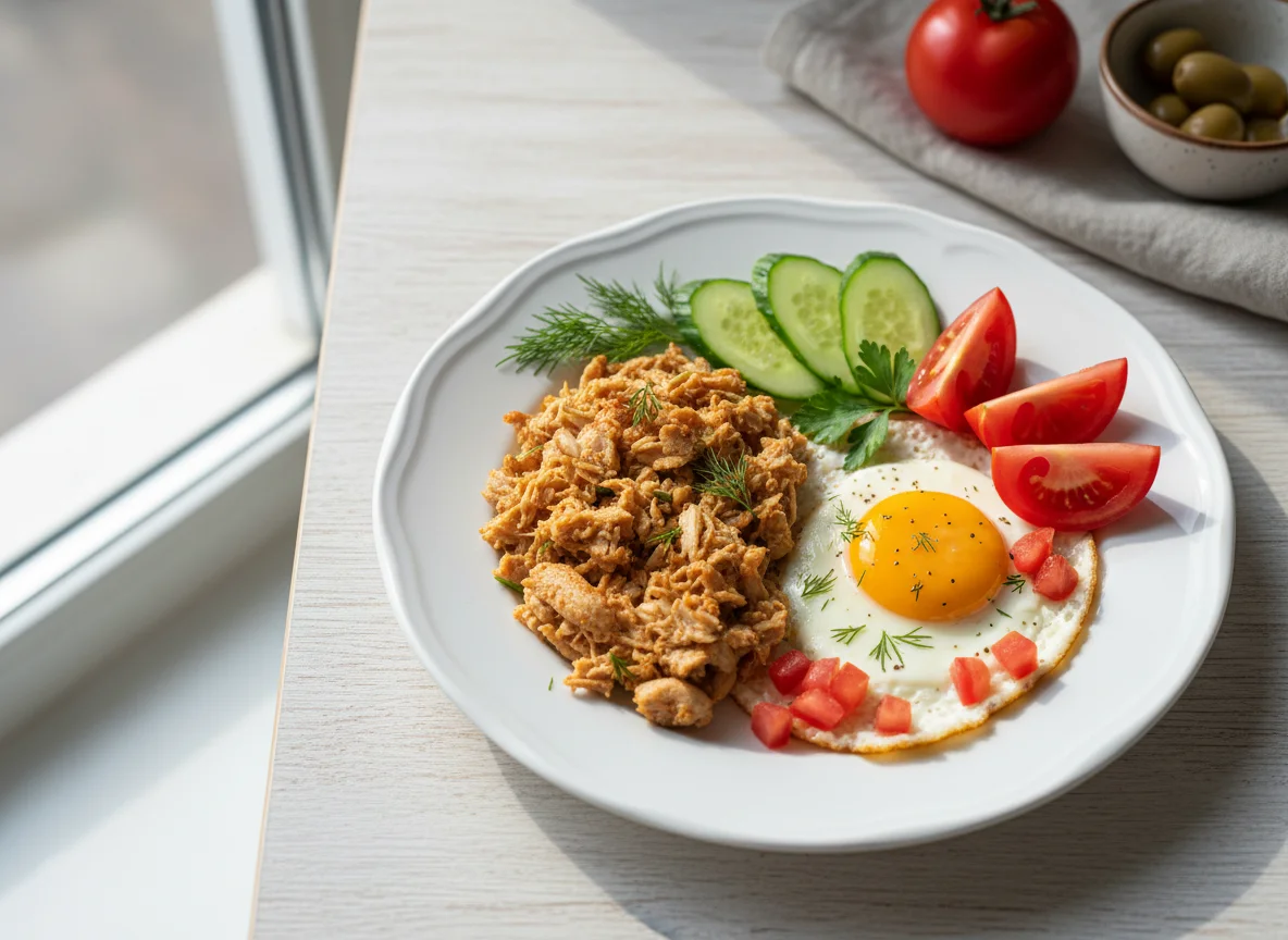 Завтрак с курицей, яичницей и овощами photo