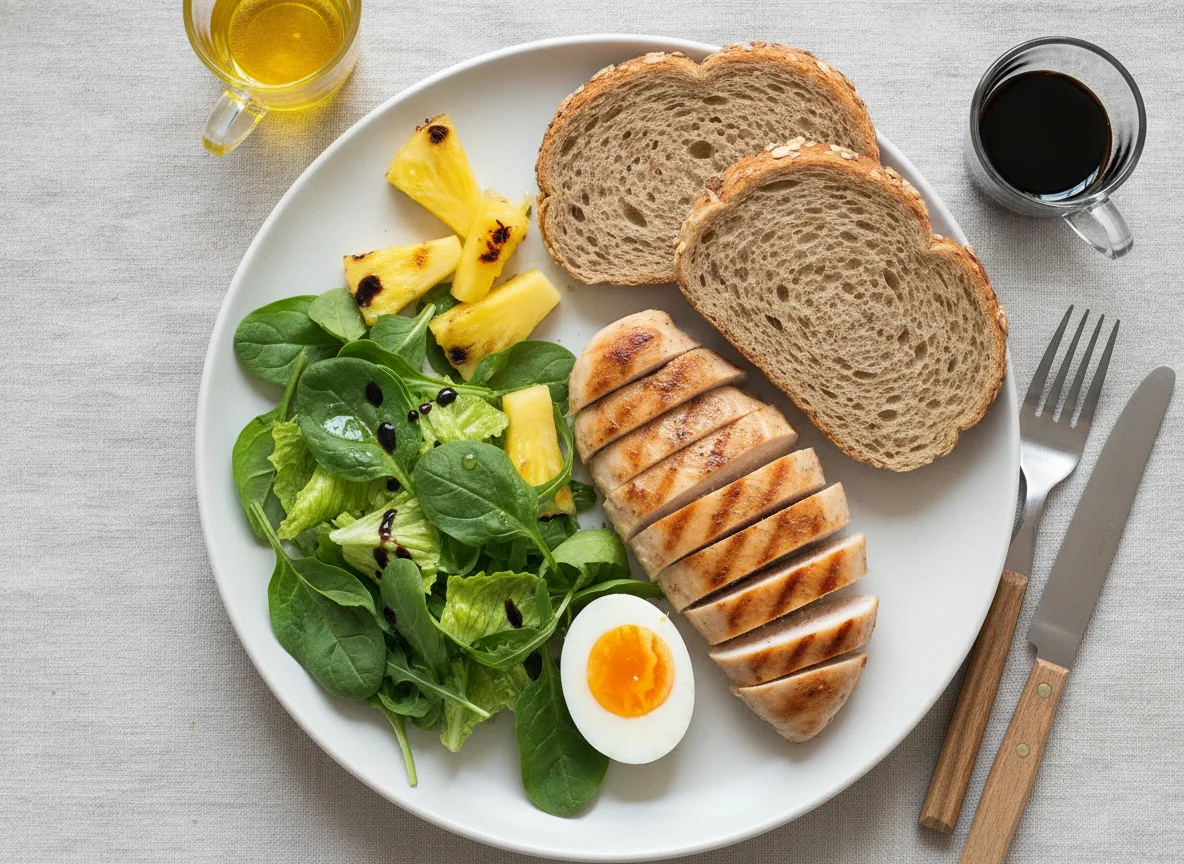 Завтрак с курицей, яйцами и ананасом photo