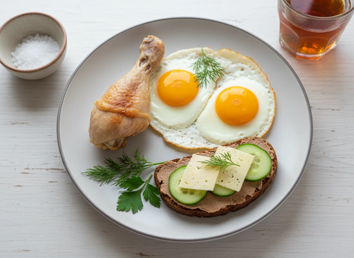Завтрак с курицей, яйцами и бутербродом photo