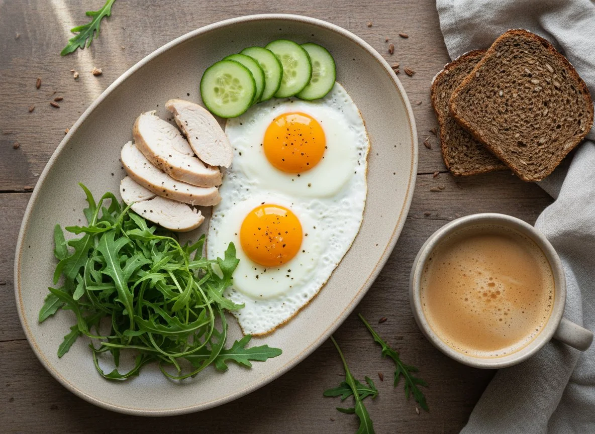 Завтрак с курицей, яйцами и овощами photo