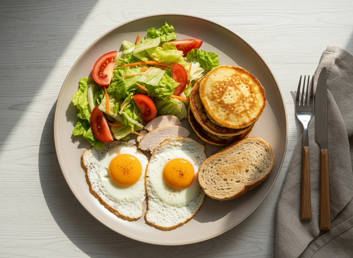 Завтрак с курицей, яйцами и салатом photo