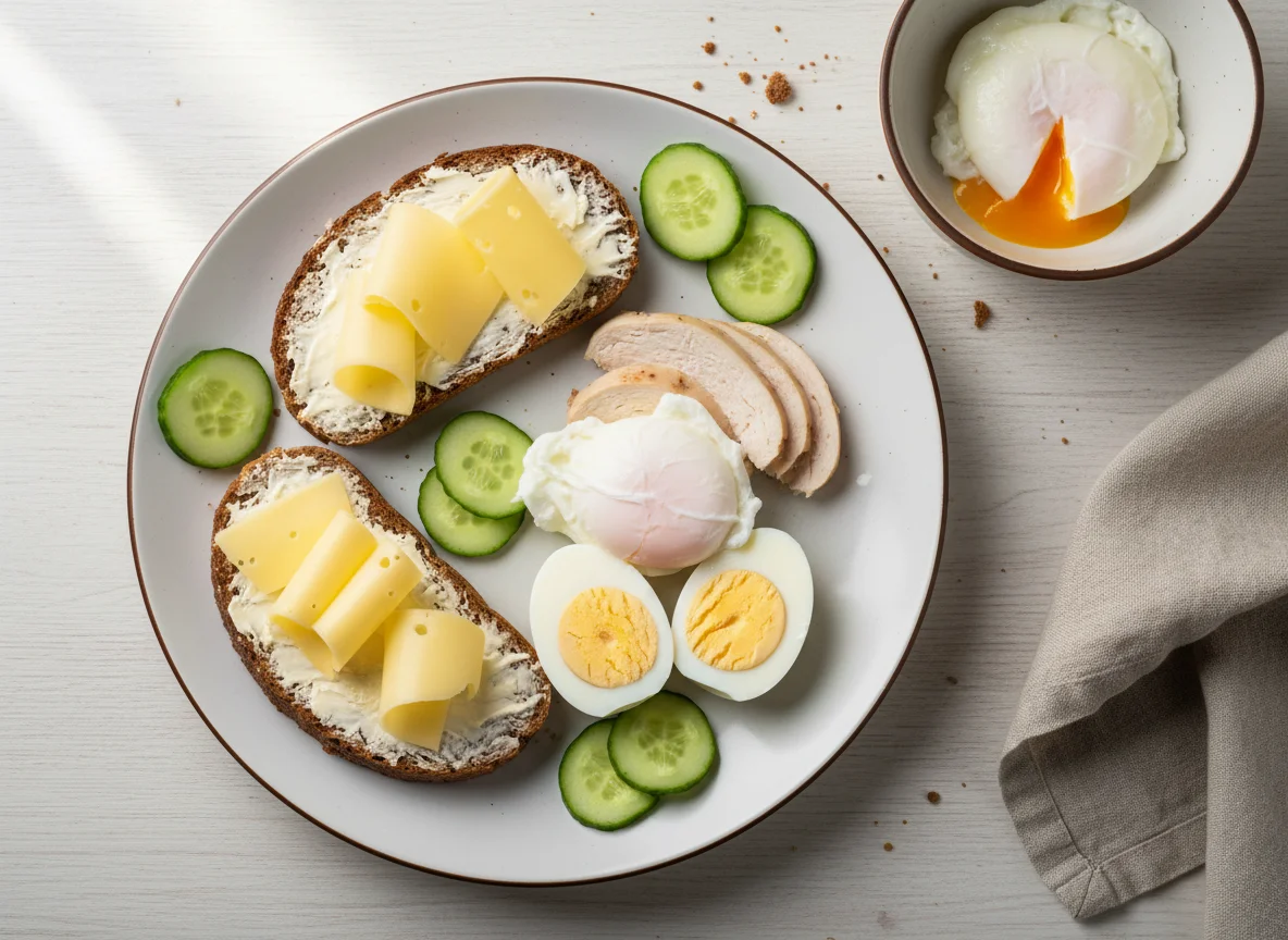 Завтрак с курицей, яйцами и сыром photo
