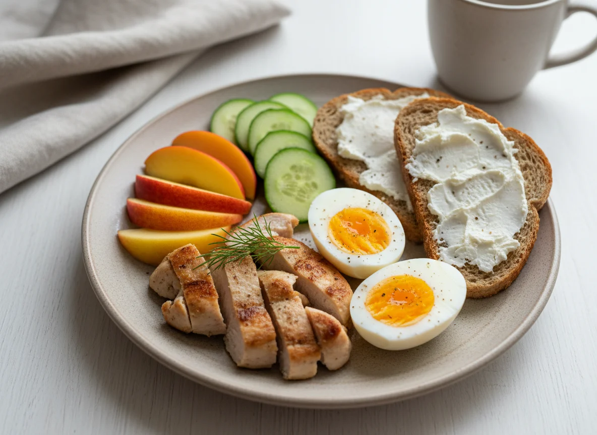 Завтрак с курицей, яйцами и тостами photo