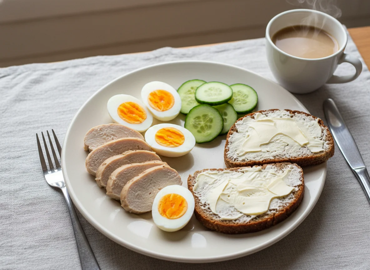 Завтрак с курицей, яйцами, огурцами и хлебом с маслом photo