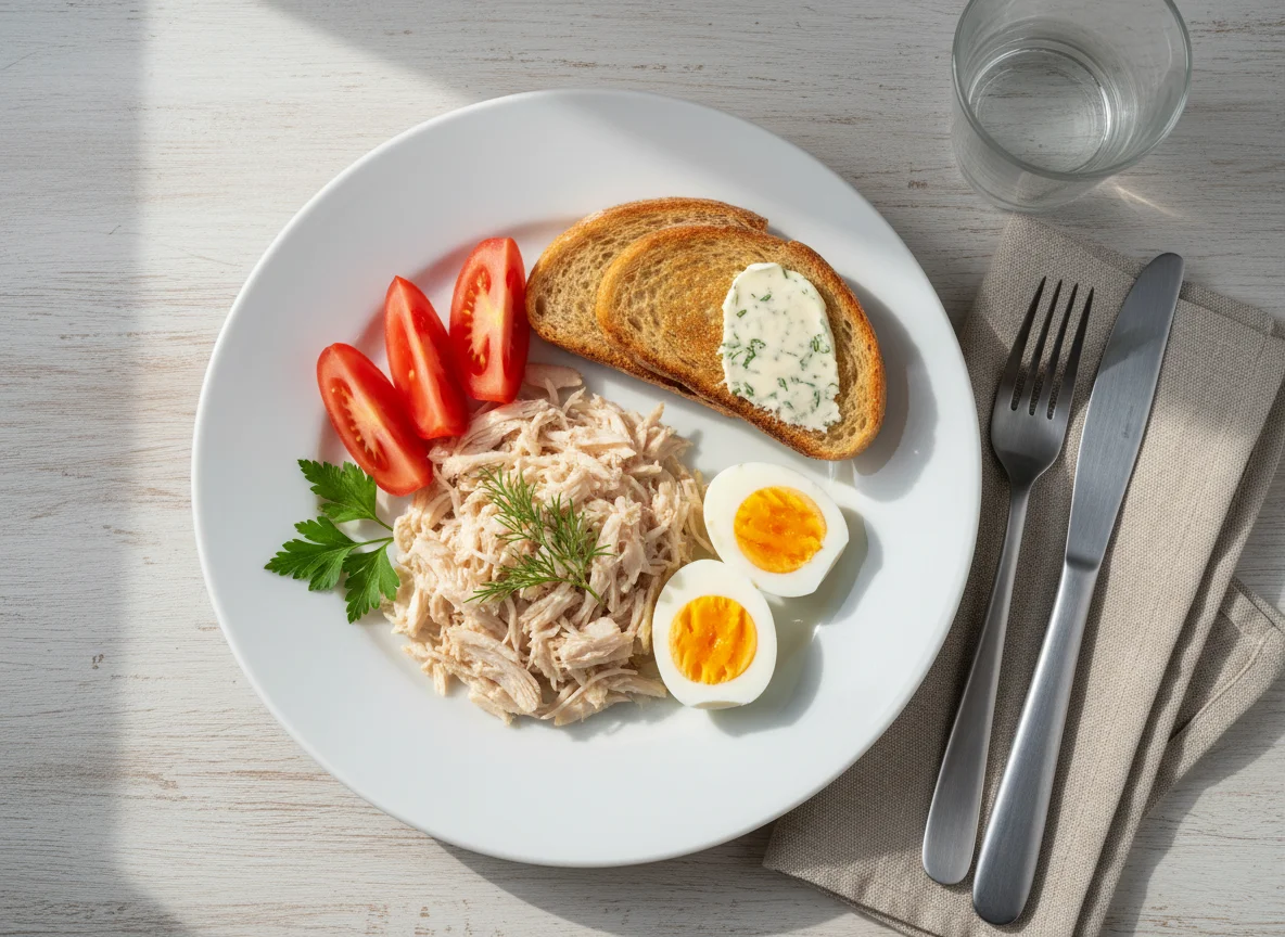 Завтрак с курицей, яйцом и овощами photo