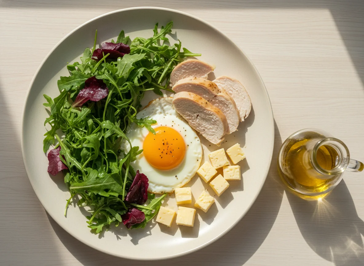 Завтрак с курицей, яйцом, сыром и салатом photo