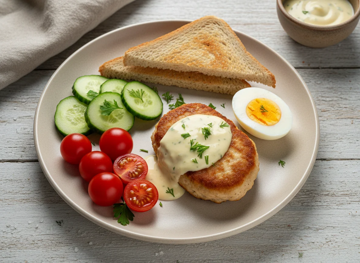Завтрак с куриной котлетой, овощами и яйцом photo