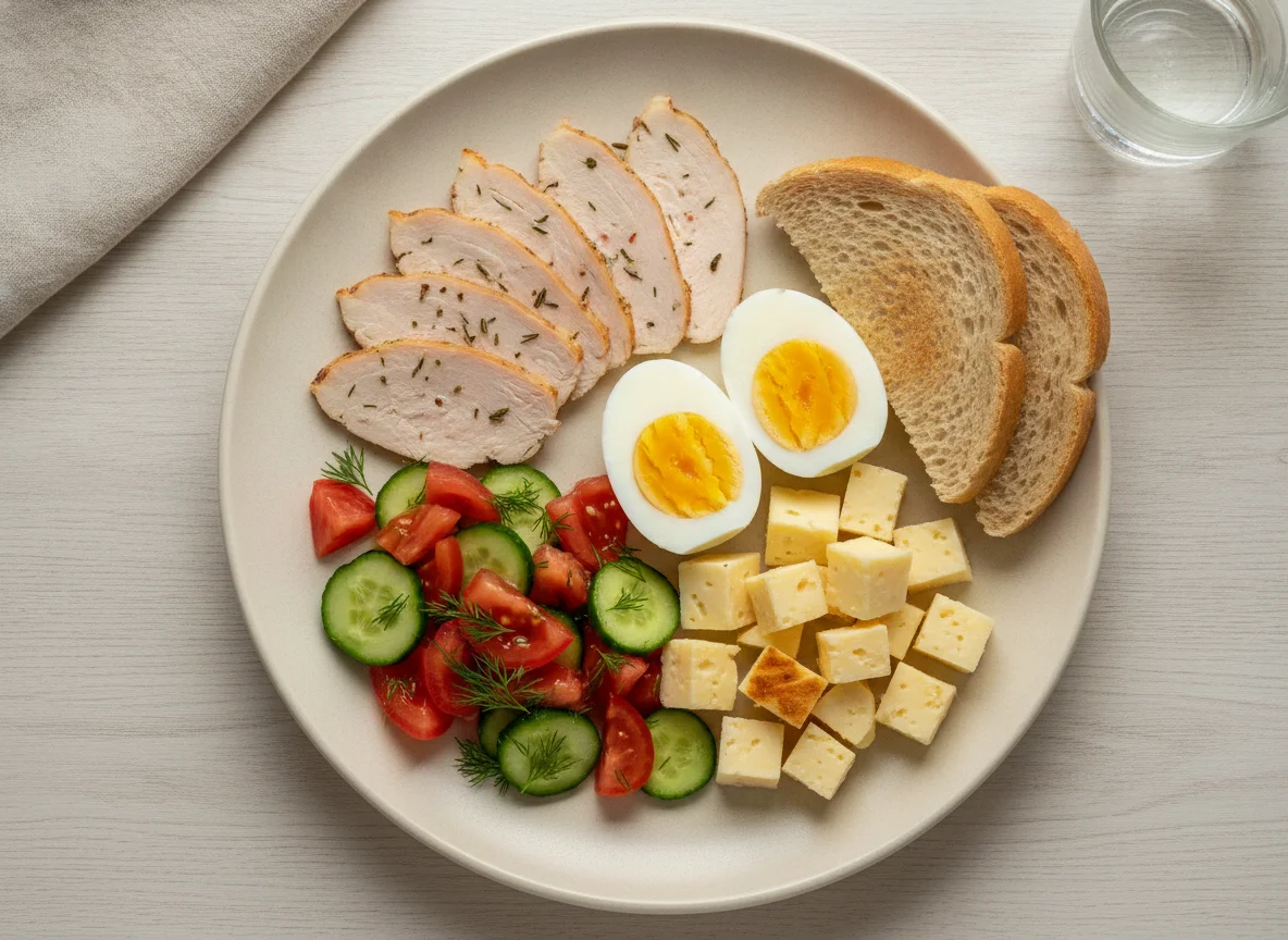 Завтрак с куриным карпаччо, яйцами, сыром и овощным салатом photo