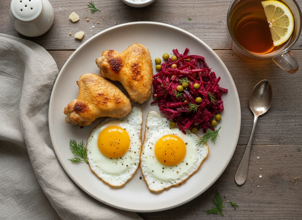 Завтрак с куриными крылышками, яичницей и салатом photo