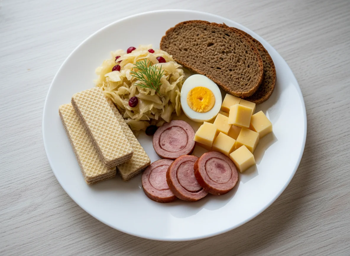 Завтрак с квашеной капустой, колбасой, сыром, яйцом и хлебом photo