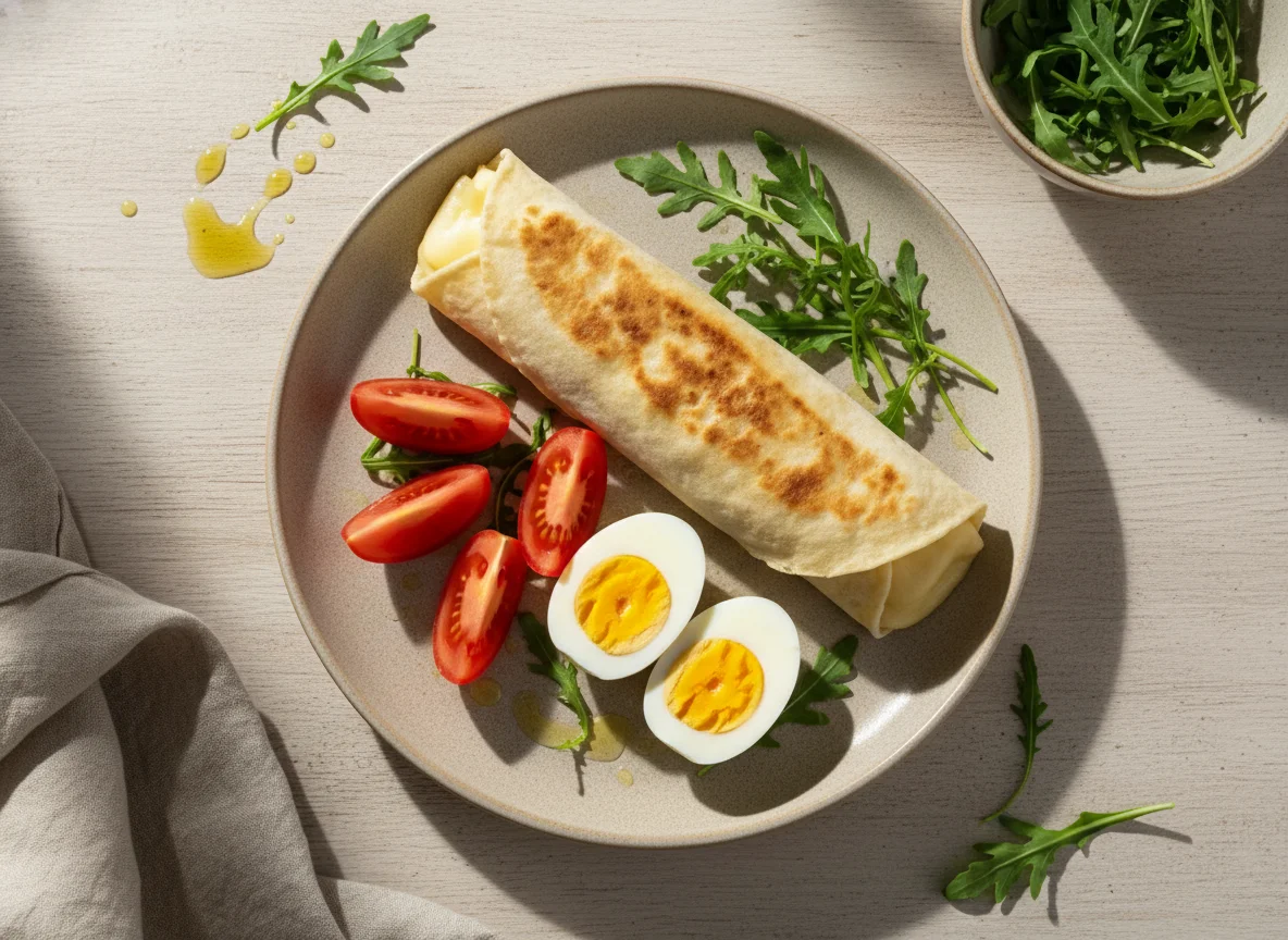Завтрак с лавашом, яйцом и овощами photo