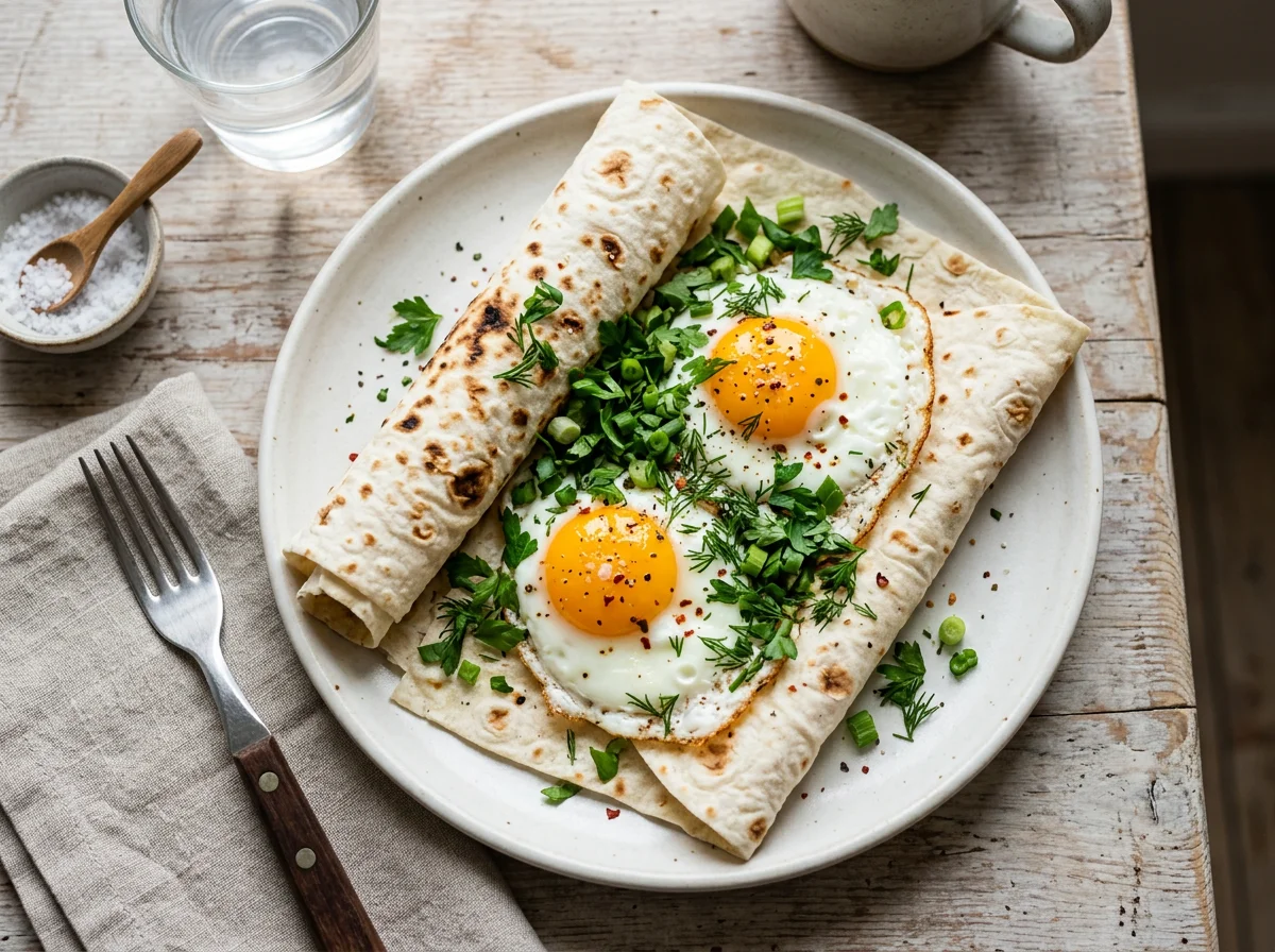 Завтрак с лавашом, яйцом и зеленью photo