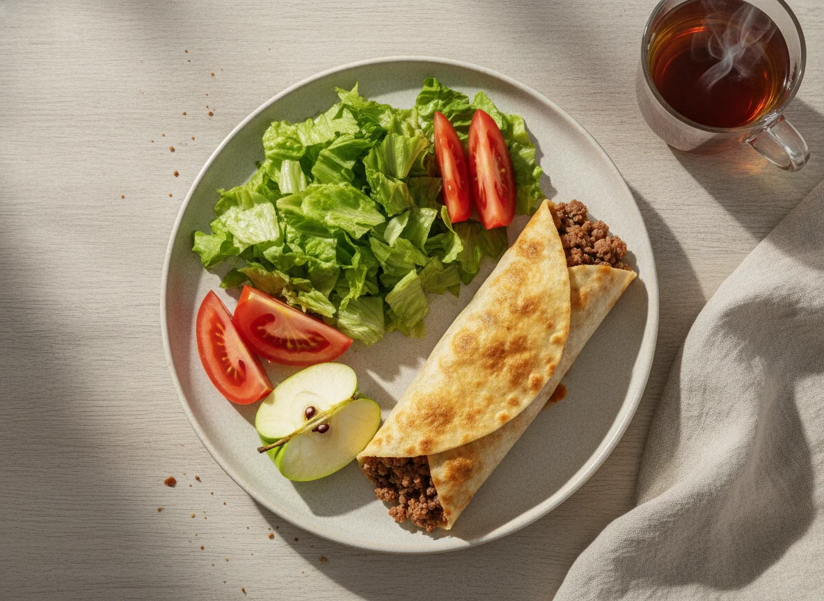 Завтрак с лавашом, мясом и овощами photo
