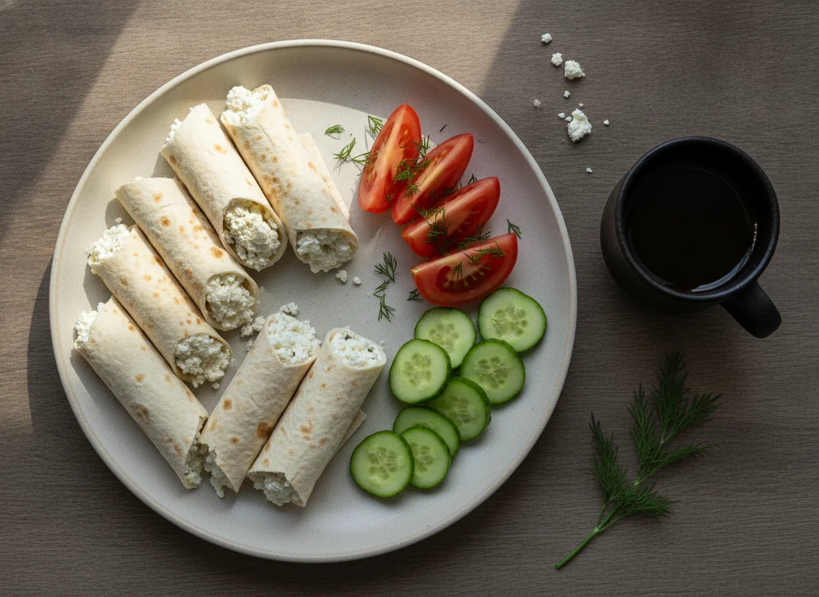 Завтрак с лавашом, сыром и овощами photo