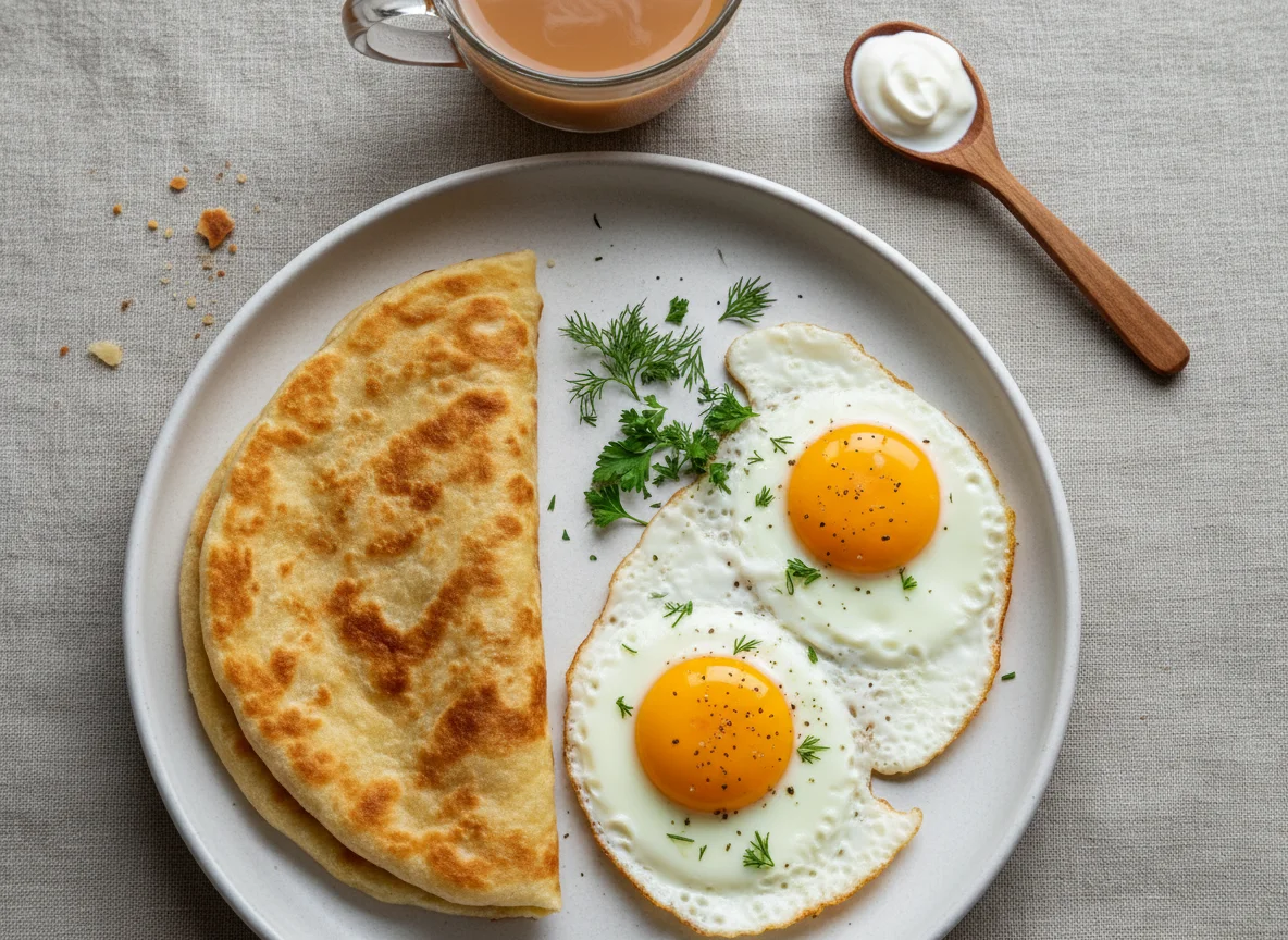 Завтрак с лепешками, яйцом и чаем photo