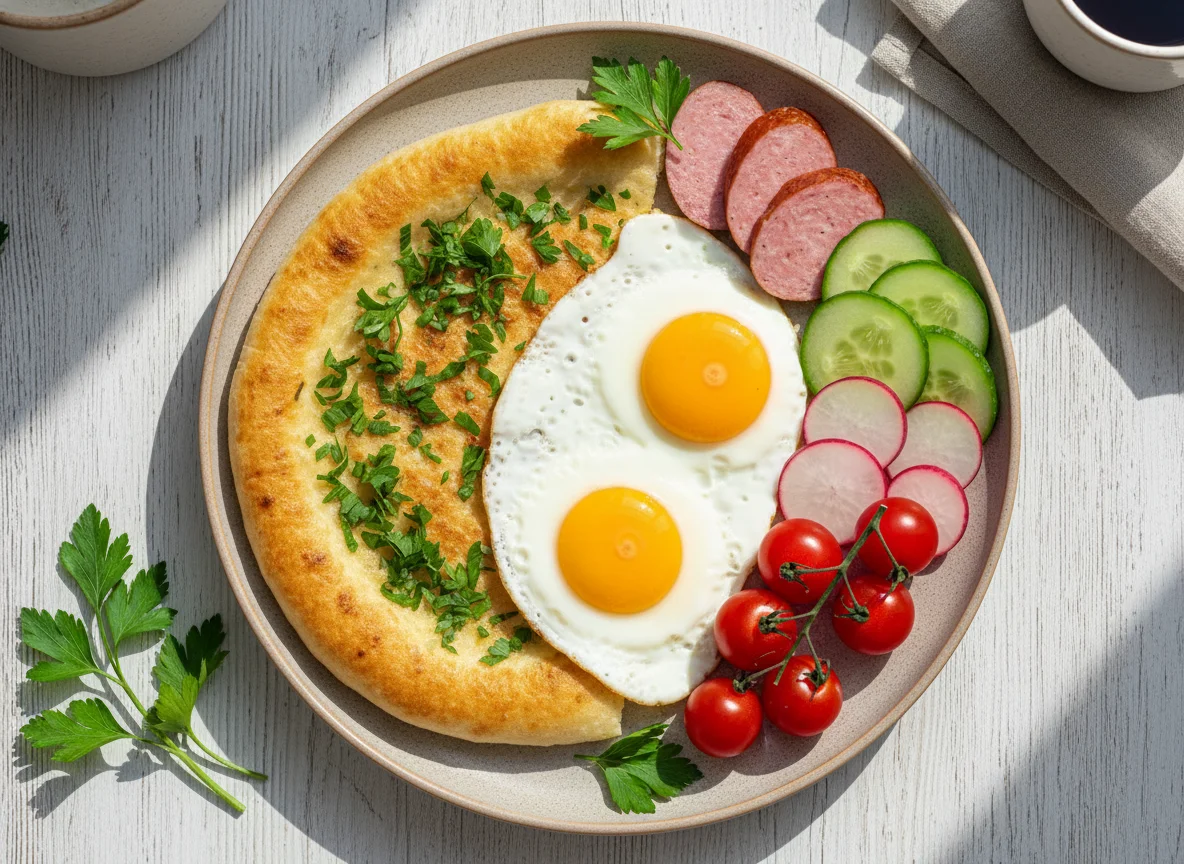 Завтрак с лепёшкой, яичницей и овощами photo