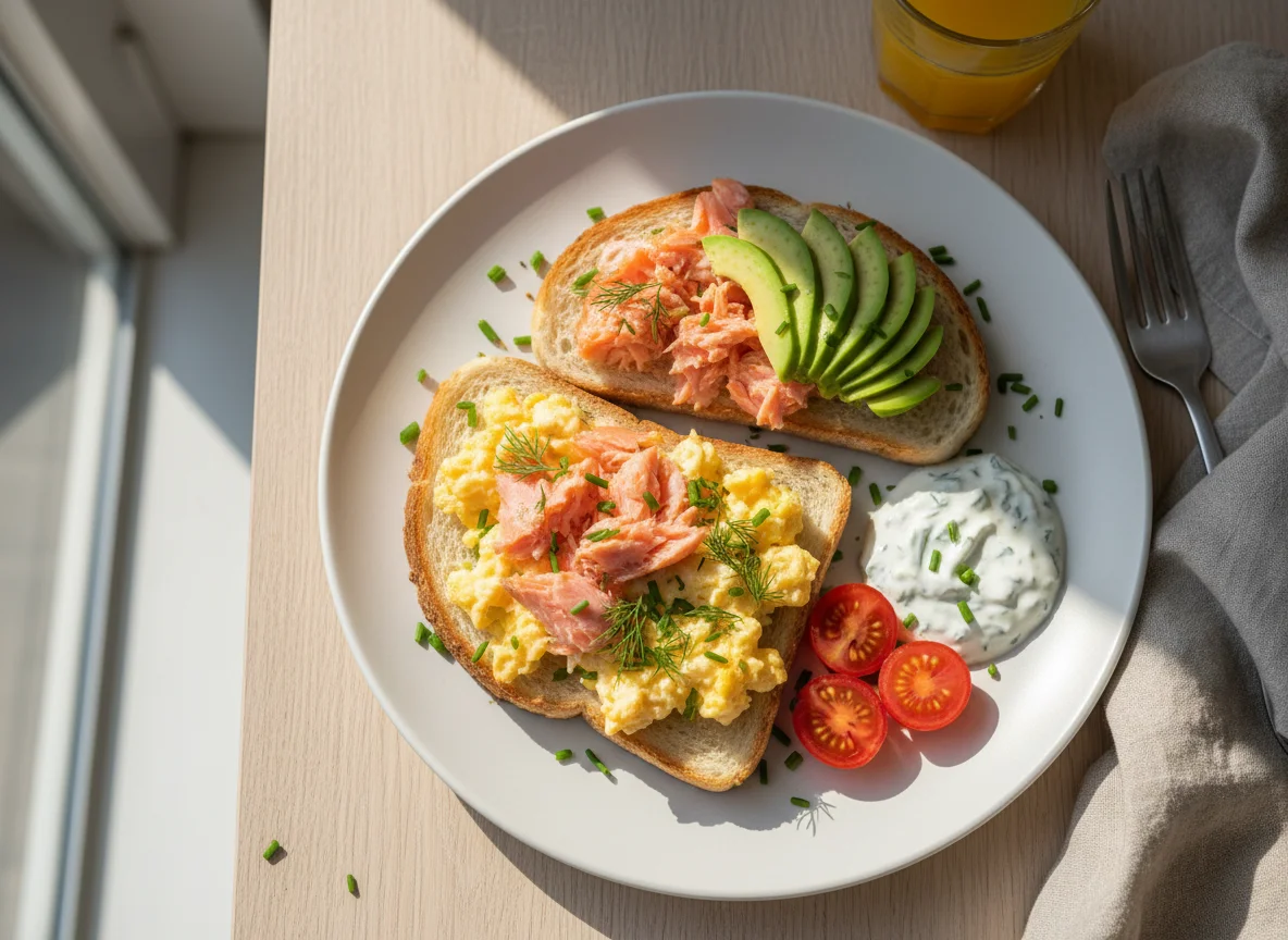 Завтрак с лососем, яичницей и авокадо photo