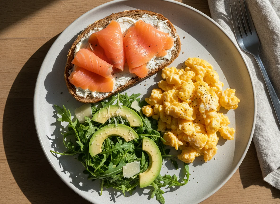 Завтрак с лососем, яичницей и салатом photo