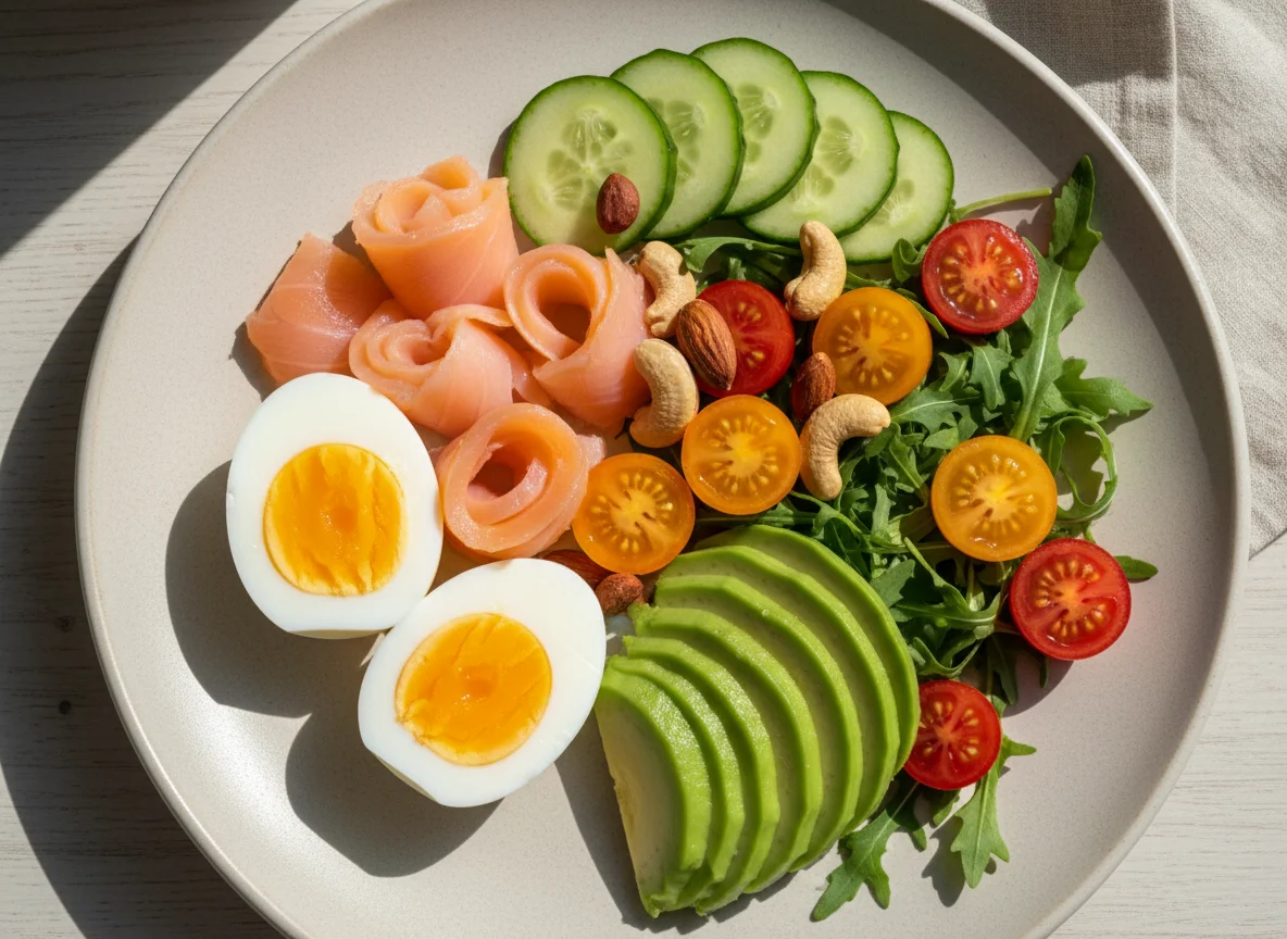 Завтрак с лососем, яйцами и авокадо photo