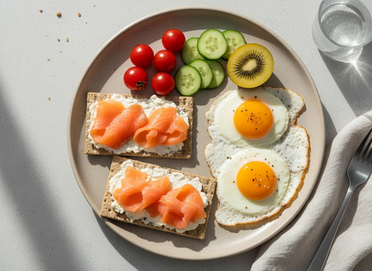 Завтрак с лососем, яйцами и фруктами photo
