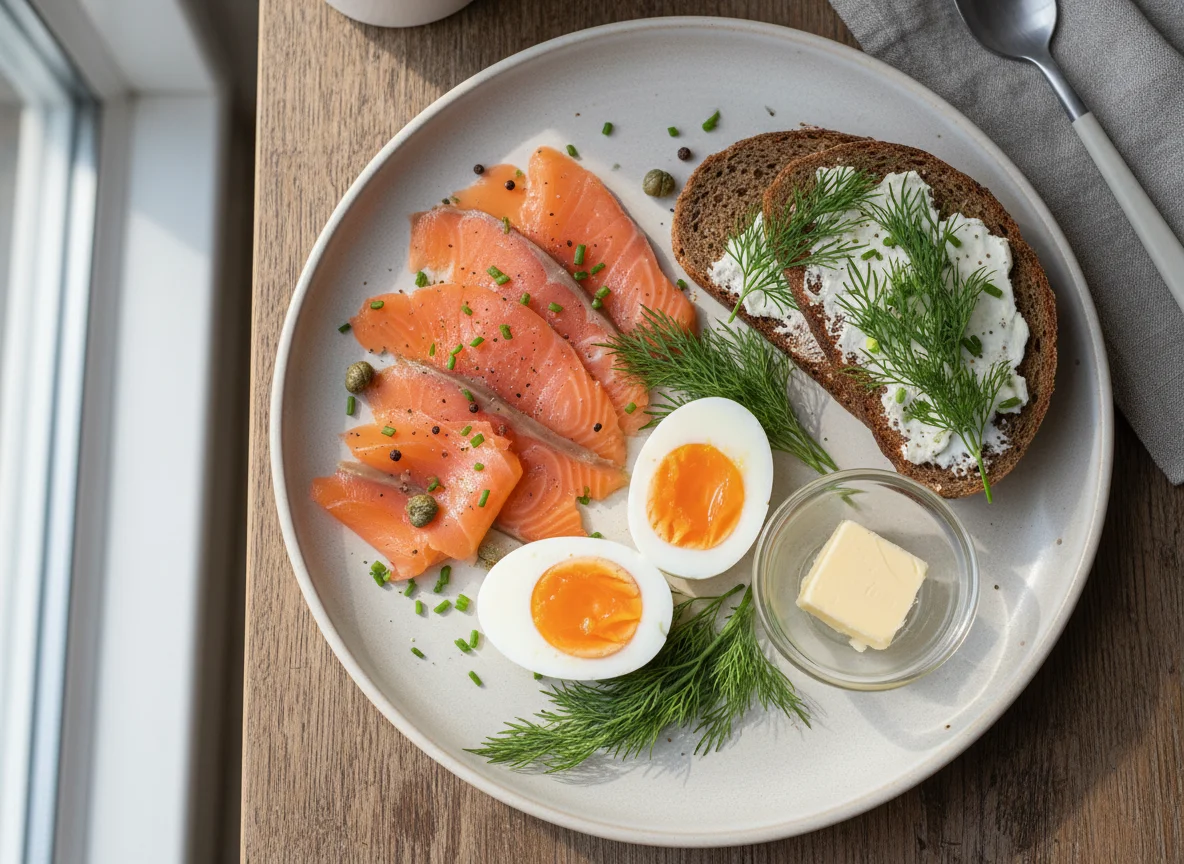 Завтрак с лососем, яйцами и хлебом photo