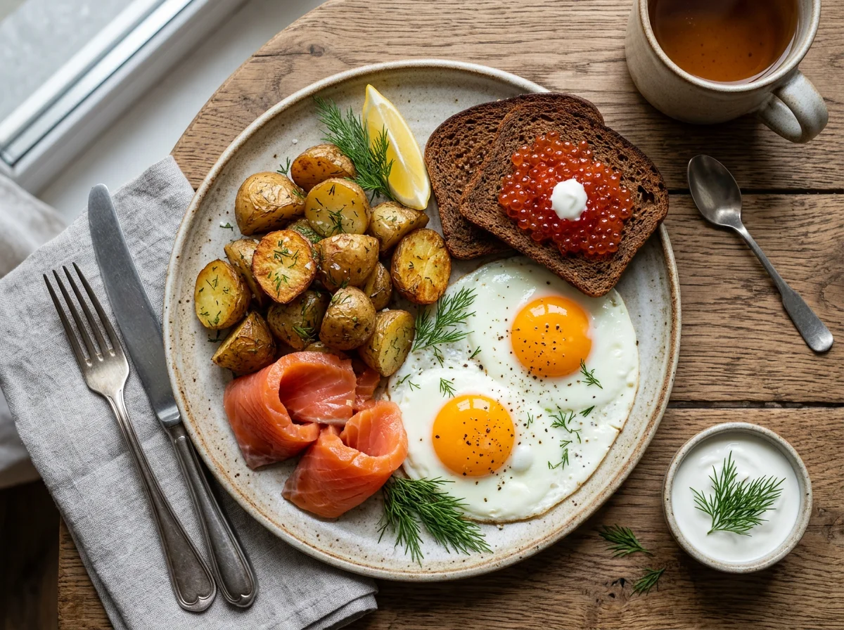 Завтрак с лососем, яйцами и картофелем photo