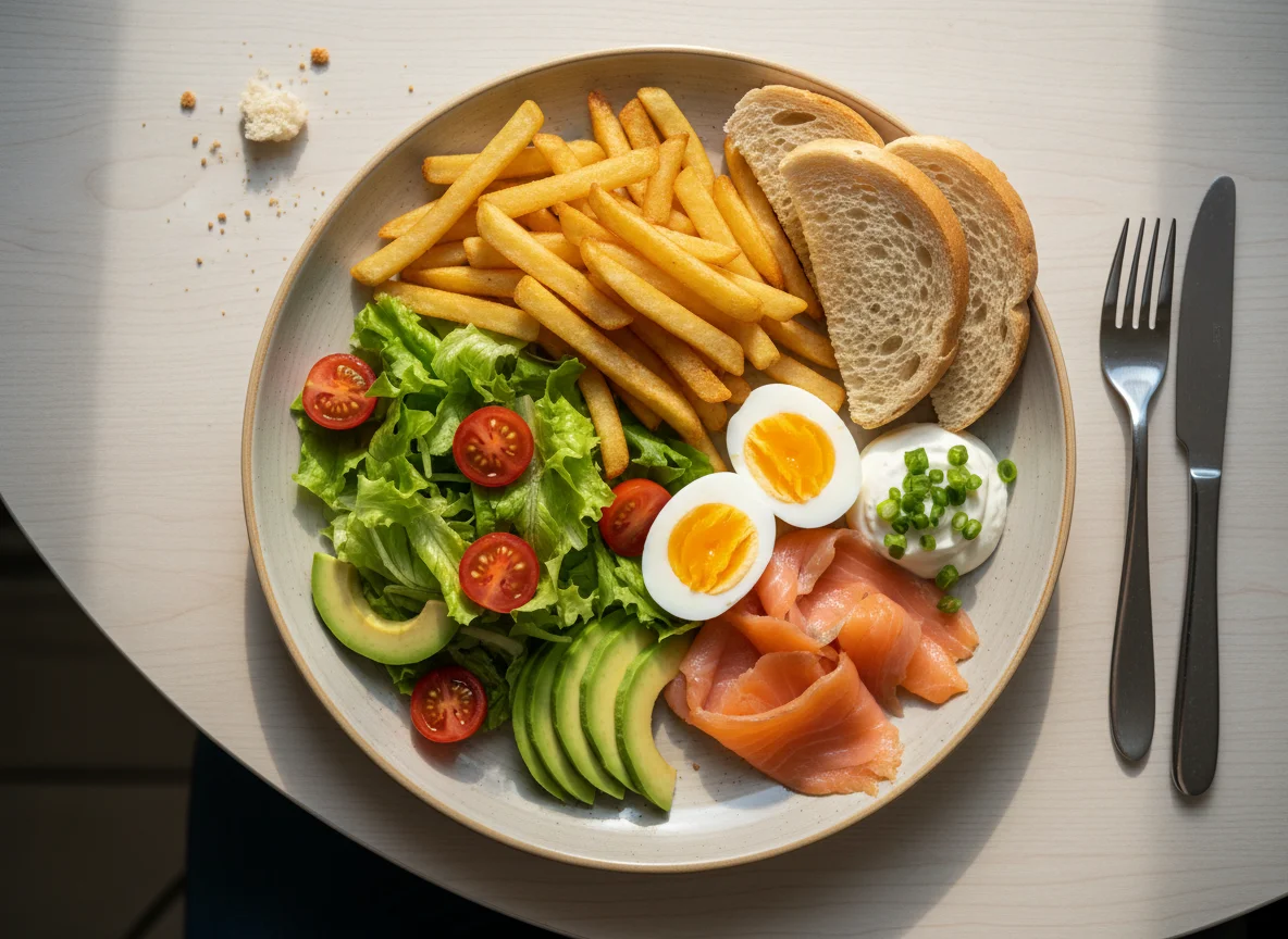 Завтрак с лососем, яйцами и картофелем фри photo