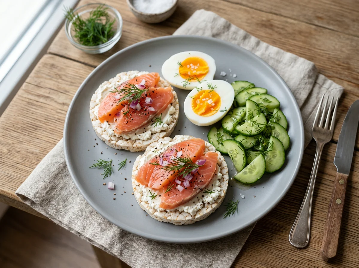Завтрак с лососем, яйцами и огурцами photo