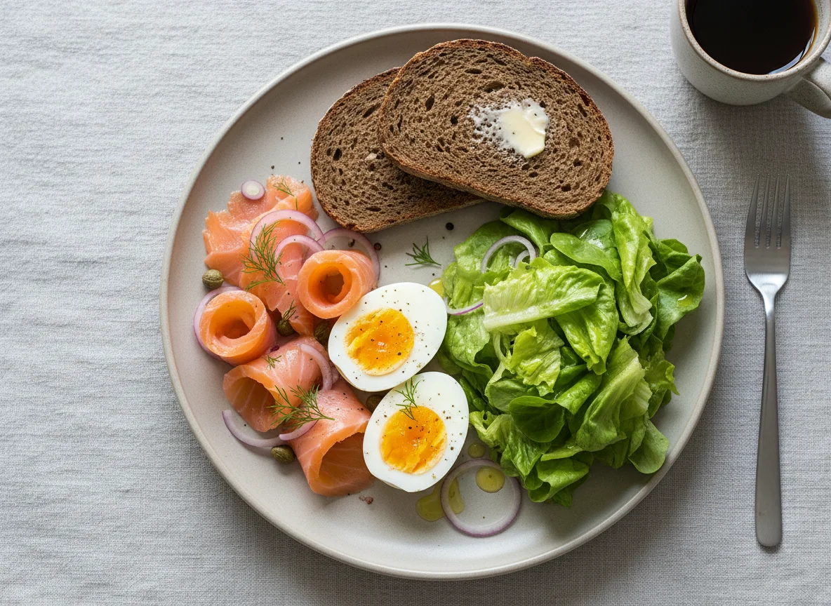 Завтрак с лососем, яйцами и салатом photo