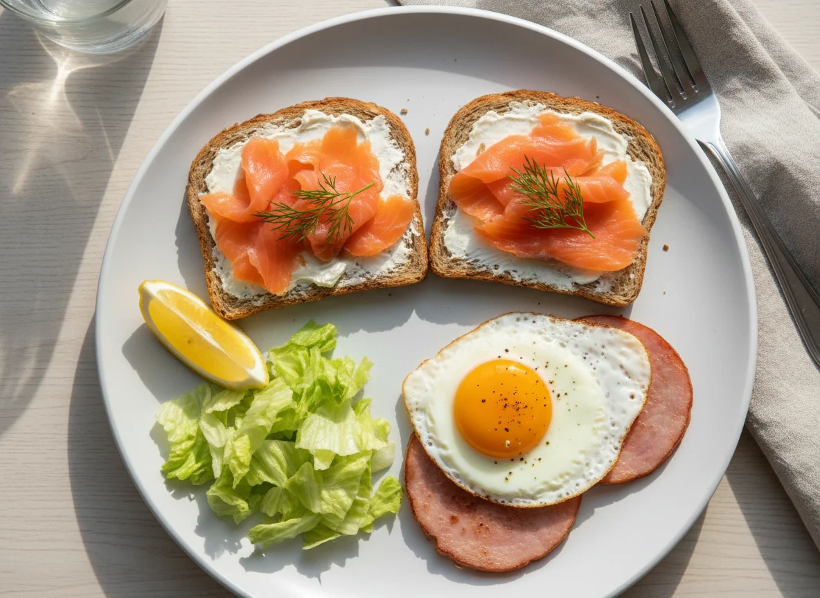 Завтрак с лососем, яйцами и ветчиной photo