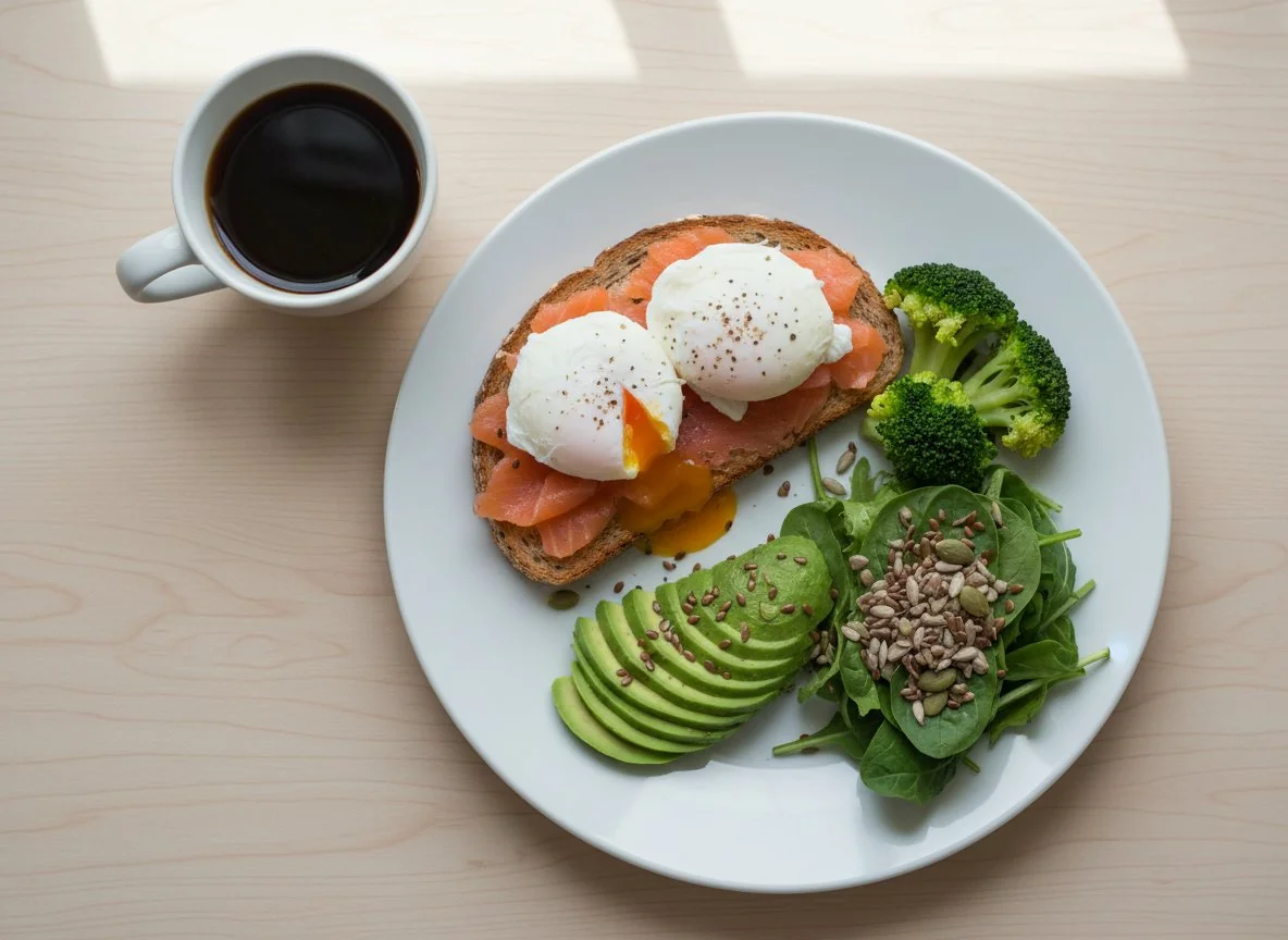 Завтрак с лососем, яйцами пашот и авокадо photo