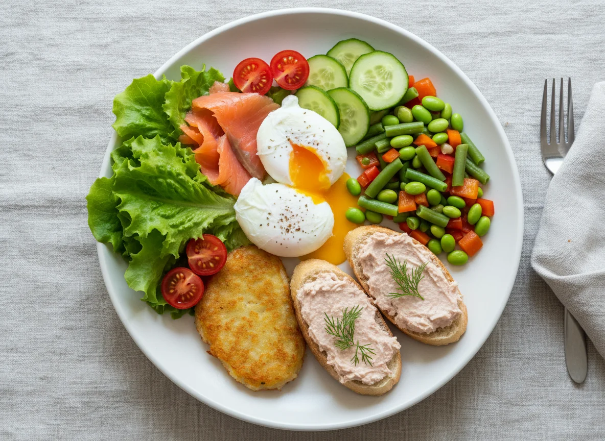 Завтрак с лососем, яйцами пашот и овощами photo