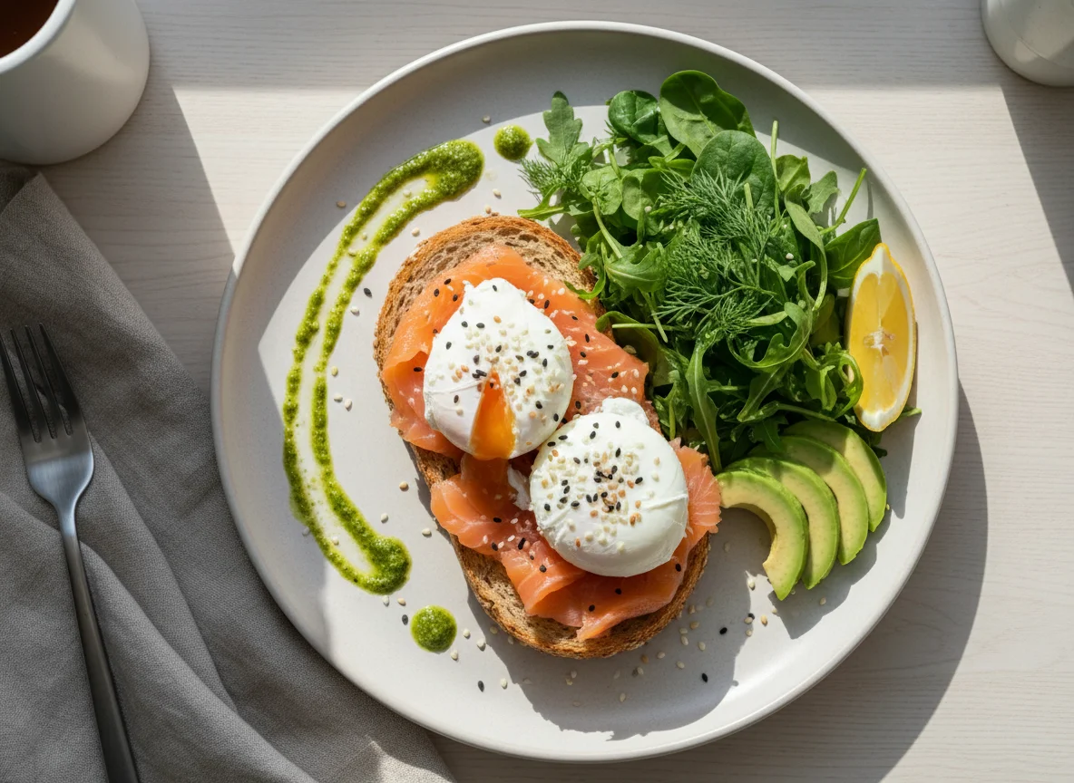Завтрак с лососем, яйцами пашот и салатом photo
