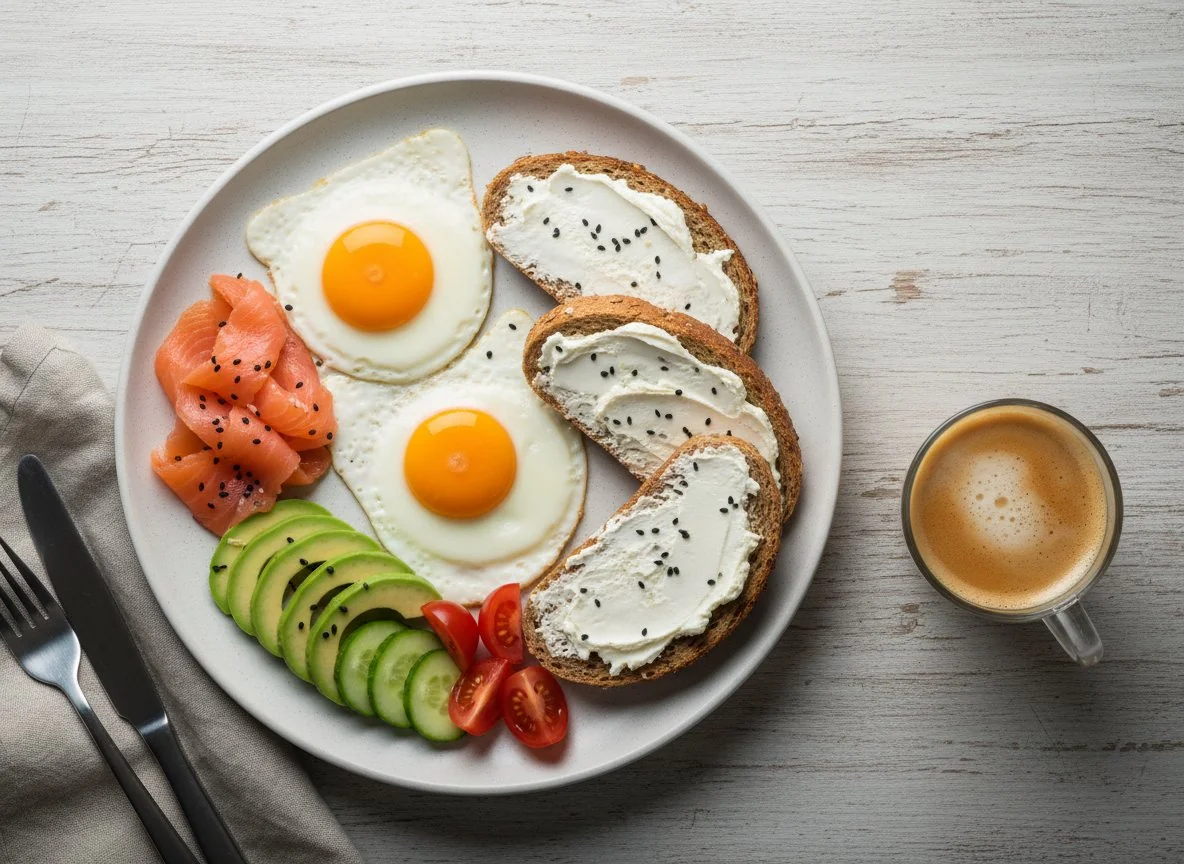 Завтрак с лососем, яйцом и салатом photo