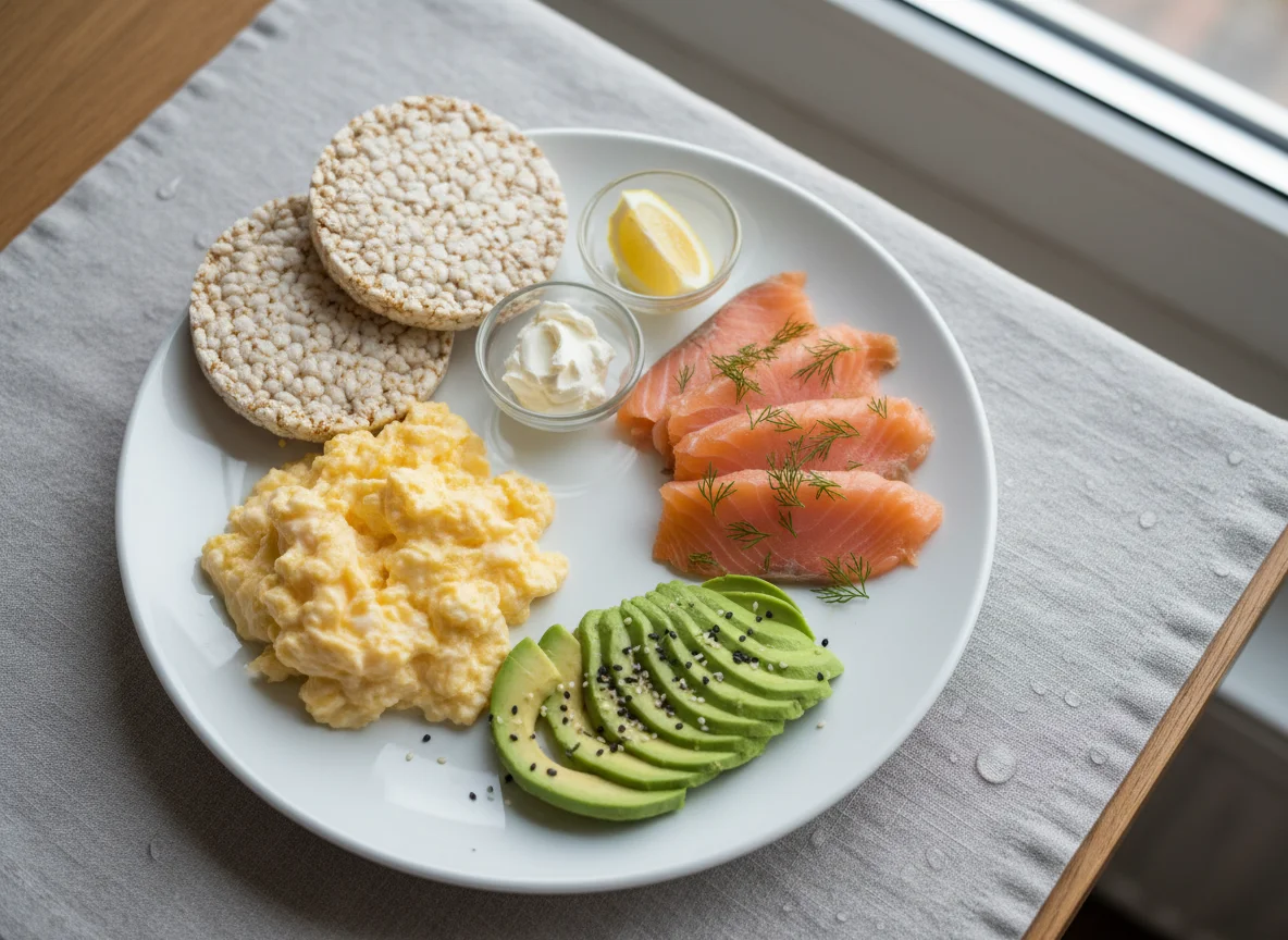 Завтрак с лососем, авокадо и яичницей photo