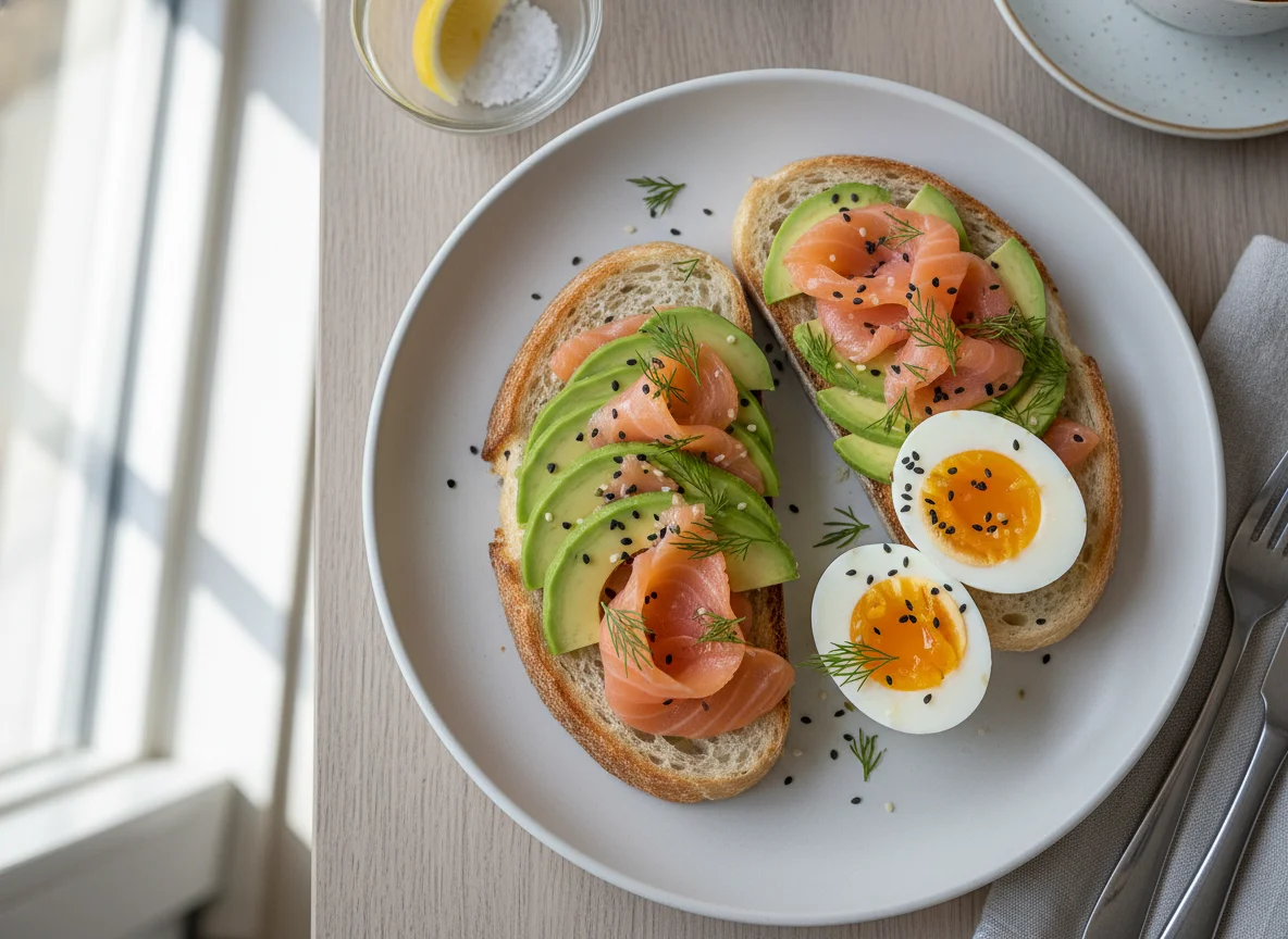 Завтрак с лососем, авокадо и яйцами photo