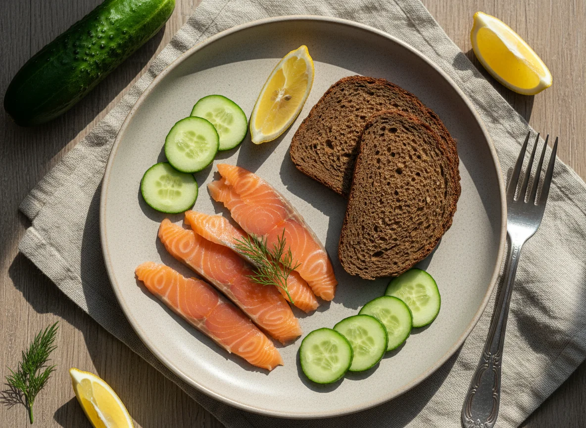 Завтрак с лососем, хлебом и овощами photo