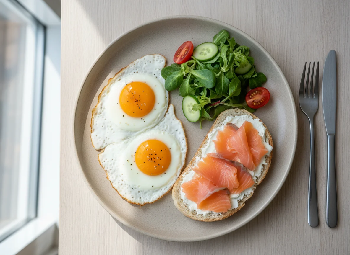 Завтрак с лососем и яичницей photo