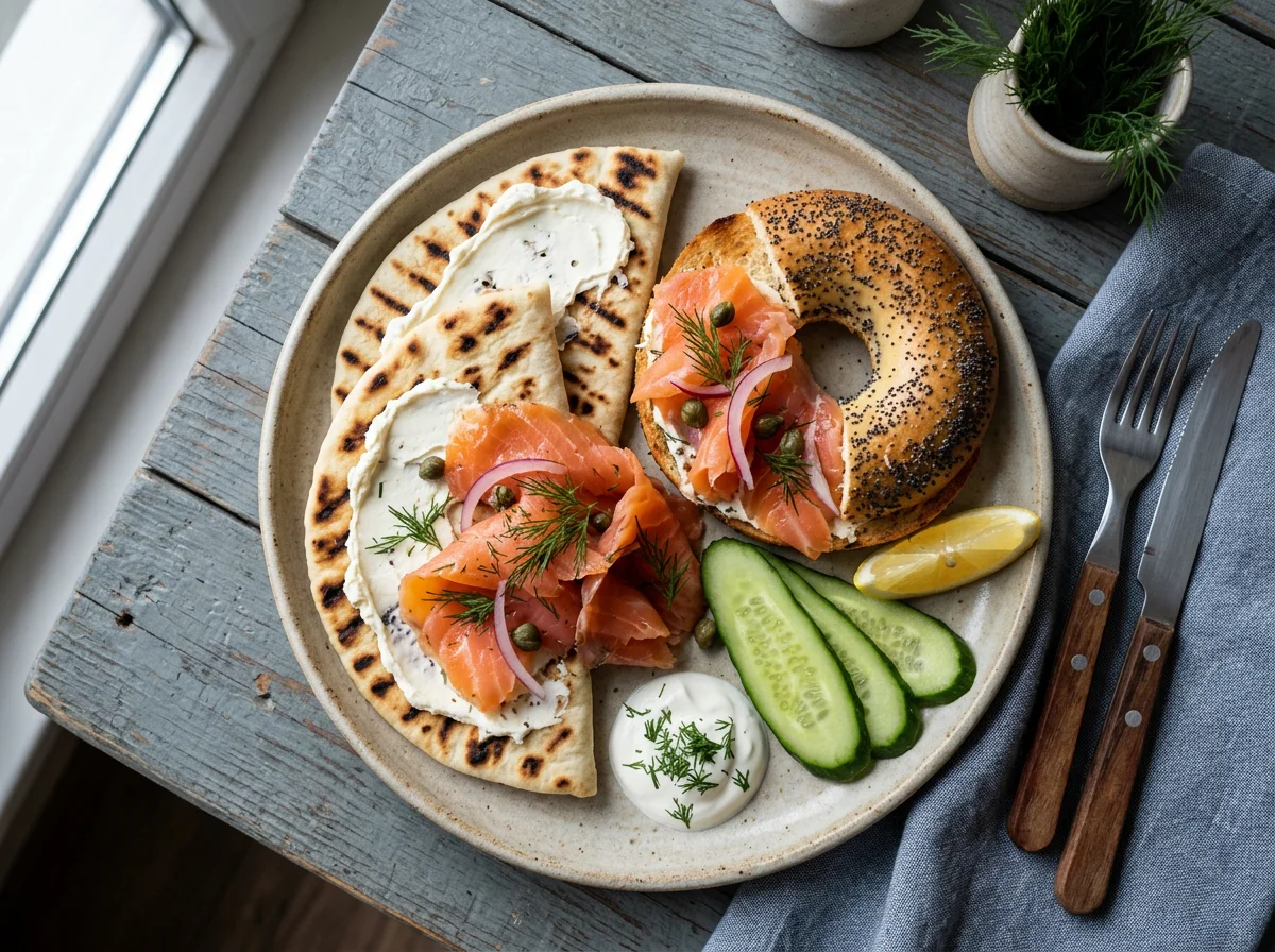 Завтрак с лососем и лепешками photo