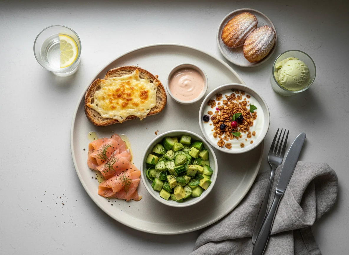 Завтрак с лососем и выпечкой photo