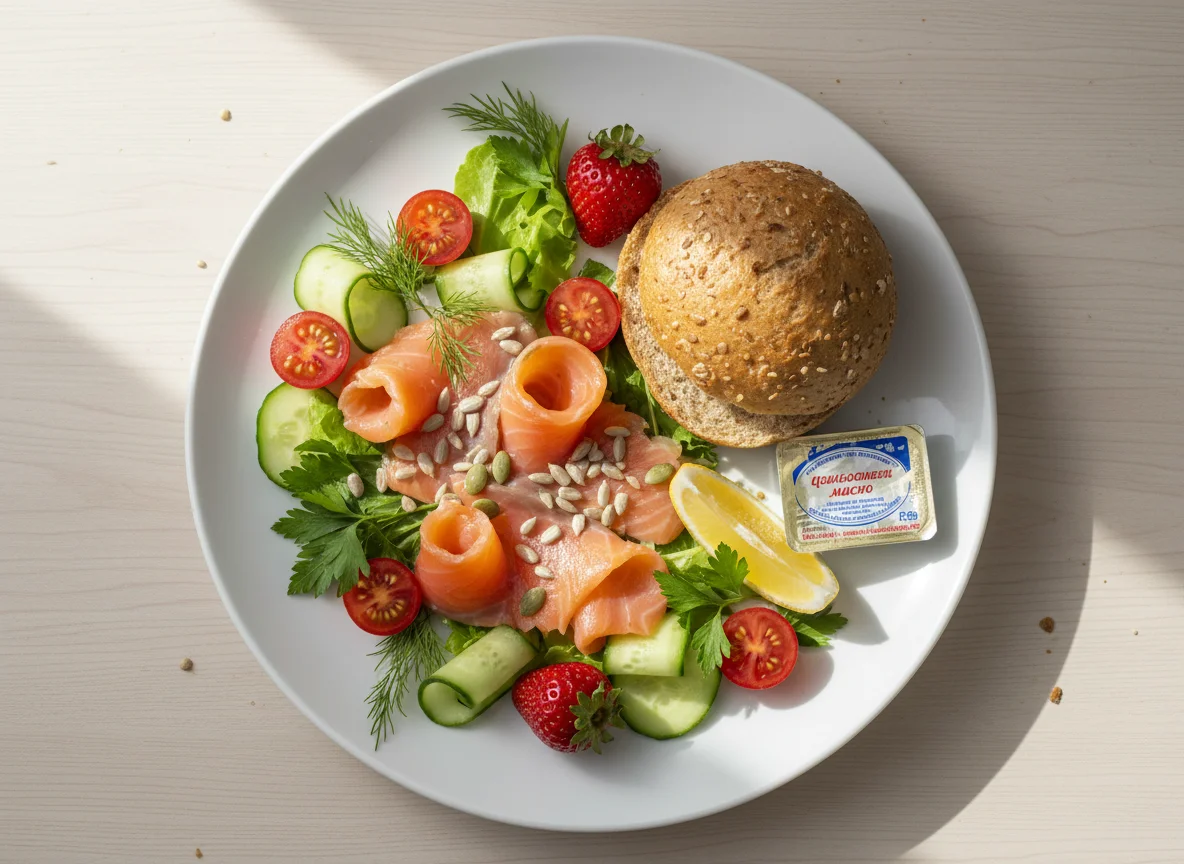 Завтрак с лососем, овощами и ягодами photo