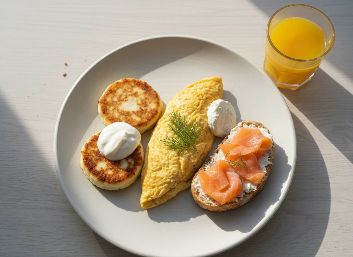 Завтрак с лососем, сырниками и омлетом photo